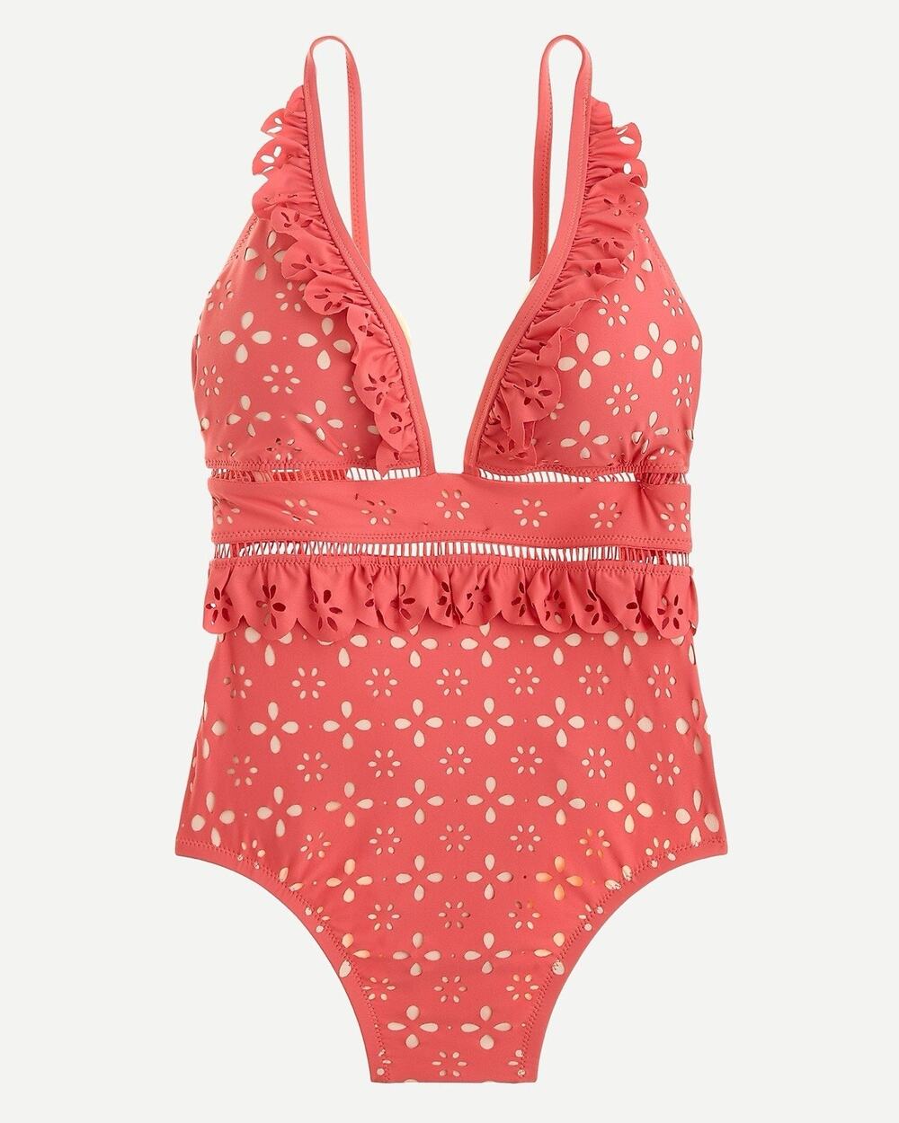 J.Crew Scalloped Ruffle Plunging One-Piece Swimsuit Laser-Cut Eyelet Pink Size 6